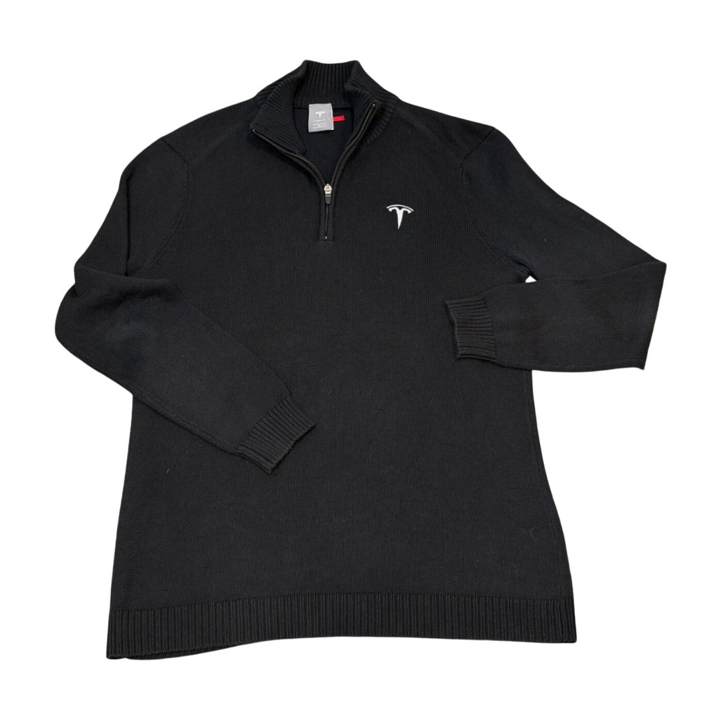 Tesla Mens Black Quarter Zip Pullover Sweater Embroidered Logo Size Medium